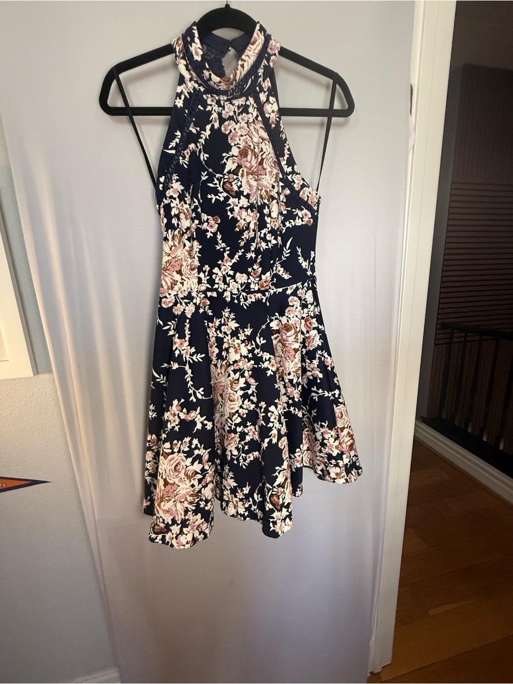B Darlin Navy Halter Floral Mini Dress with Blush Roses
